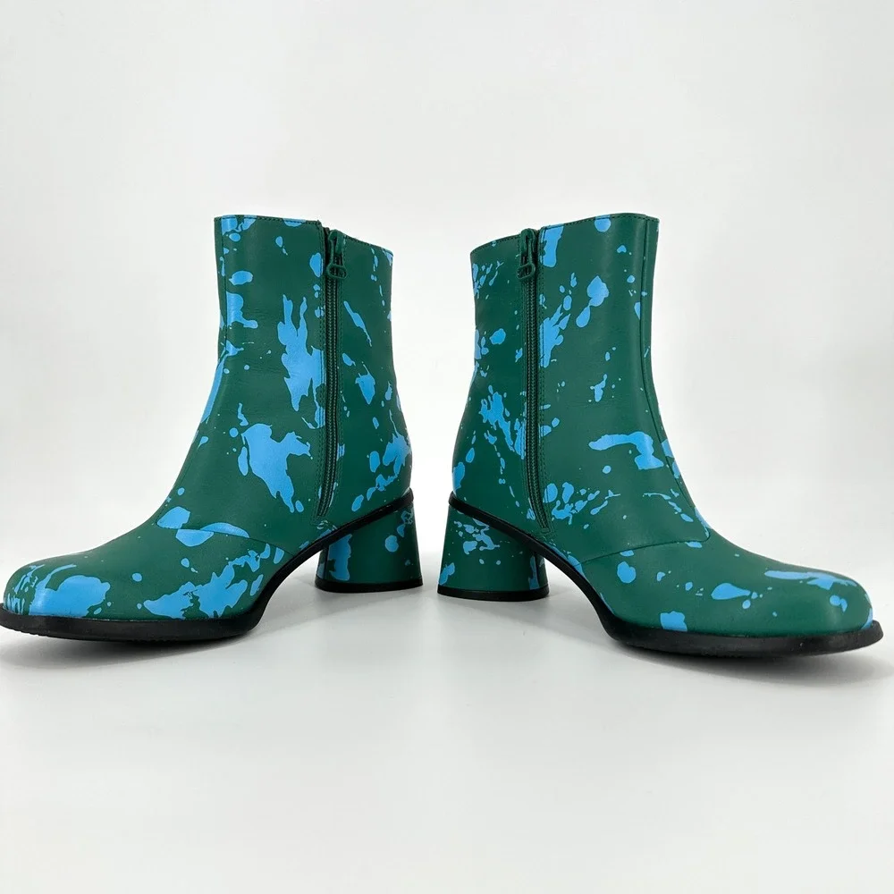 Camper Kiara Green Blue Paint Splatter Leather Ankle Boots Block Heel EU 38 US 8